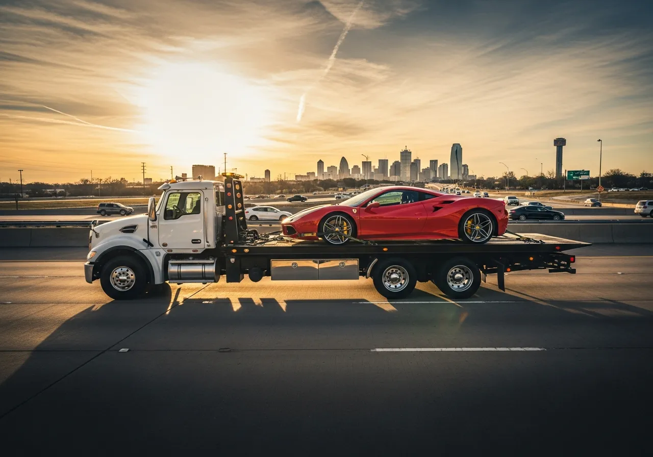 Flatbed tow truck transporting a red Ferrari exotic sports car