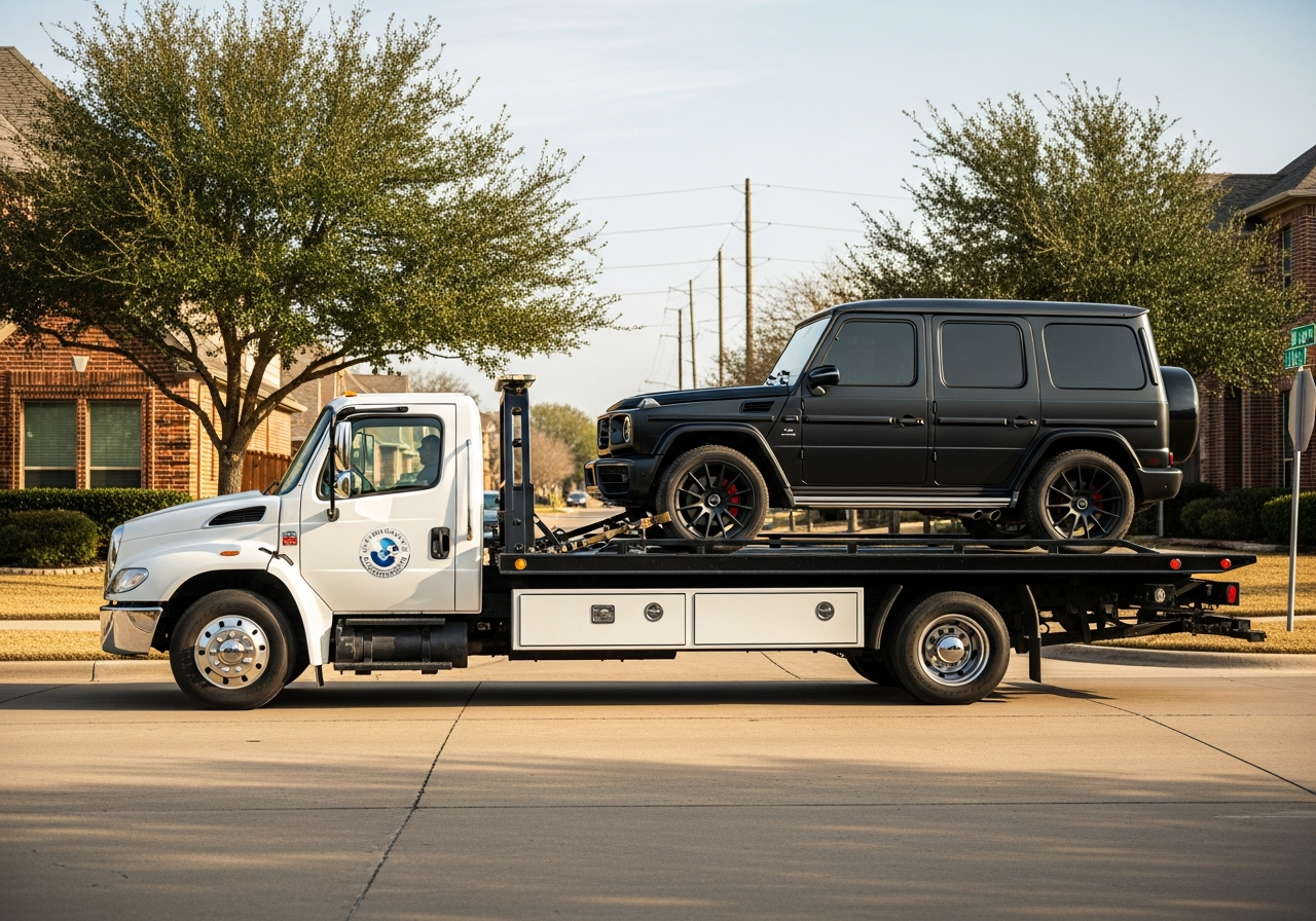 Flatbed truck hauling a matte black Mercedes-Benz G-Wagon