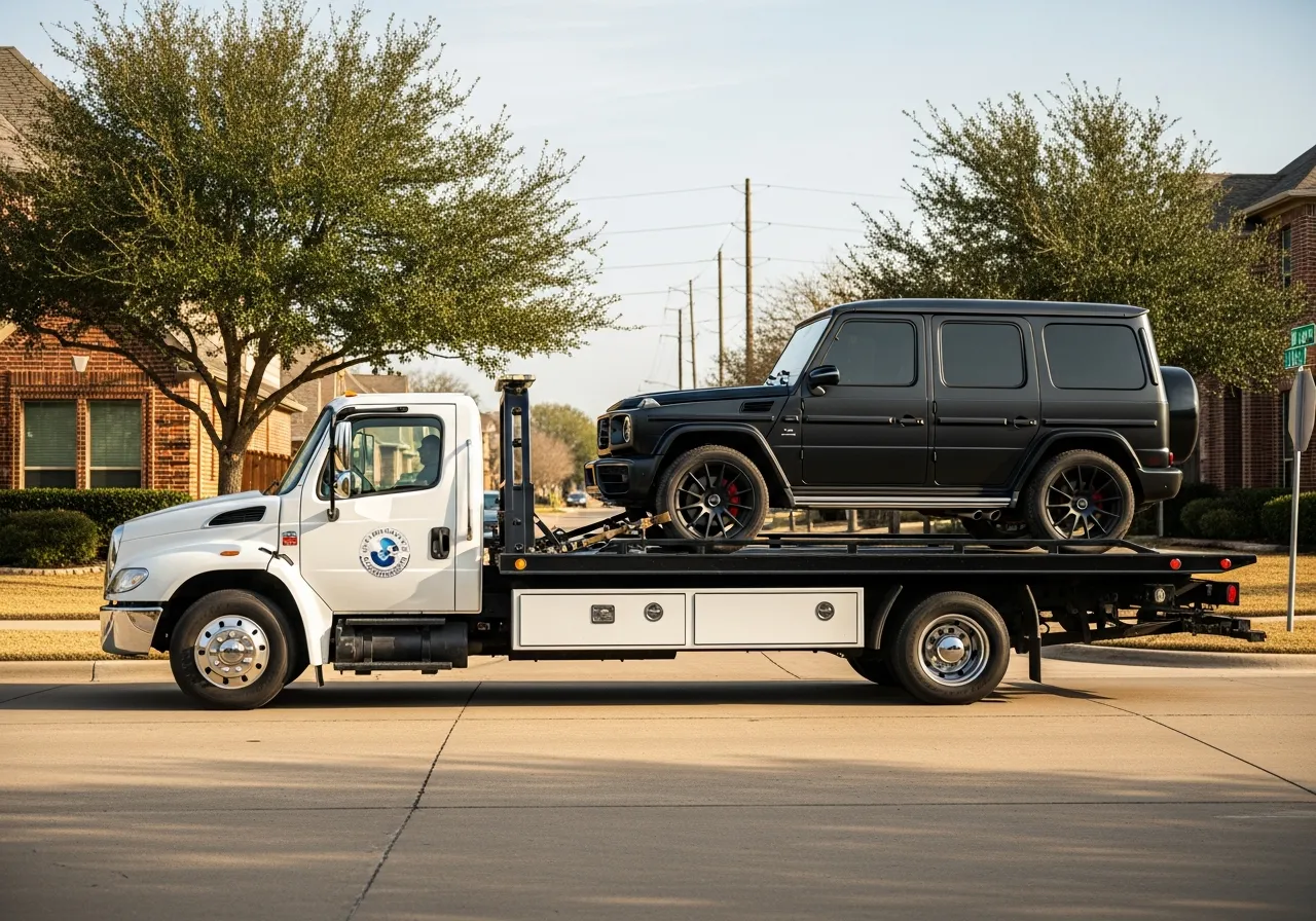 Flatbed truck hauling a matte black Mercedes-Benz G-Wagon