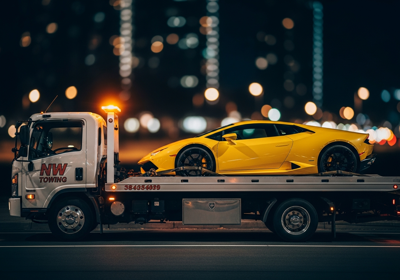 Flatbed truck carrying a yellow Lamborghini Huracán at night