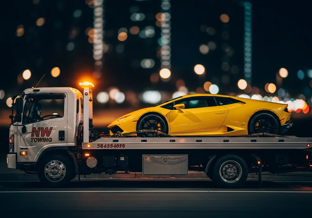 Flatbed truck carrying a yellow Lamborghini Huracán at night