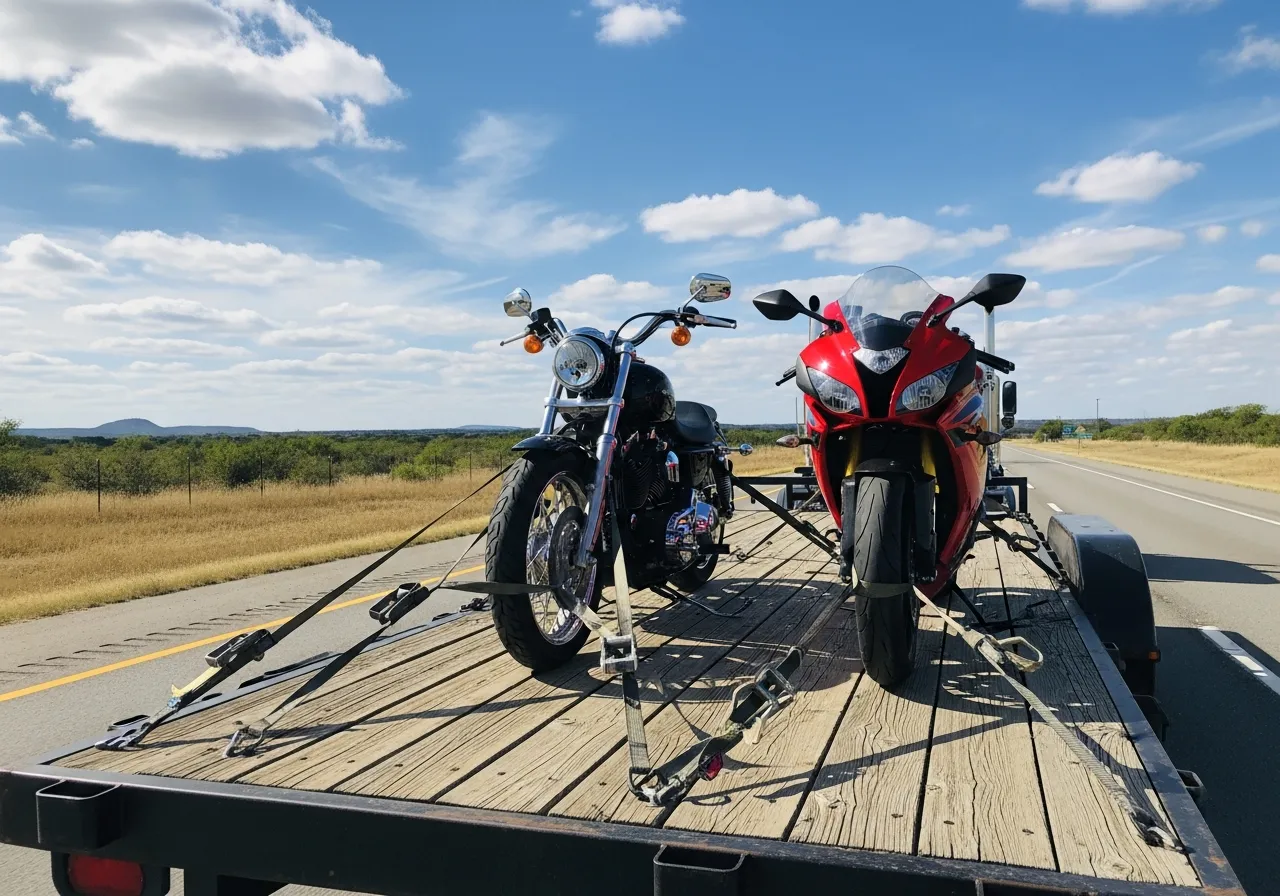 Secured motorcycle transport on flatbed trailer