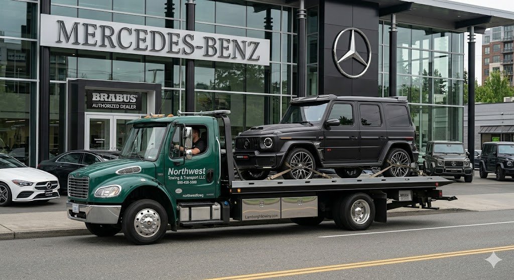 NW Towing truck delivering a black Mercedes-Benz G-Wagen Brabus at a Mercedes dealership