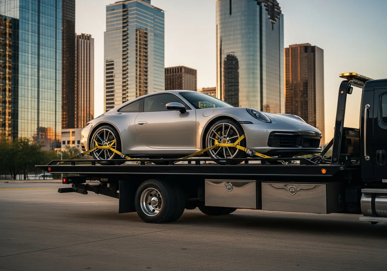 Flatbed truck transporting a Porsche 911 at golden hour