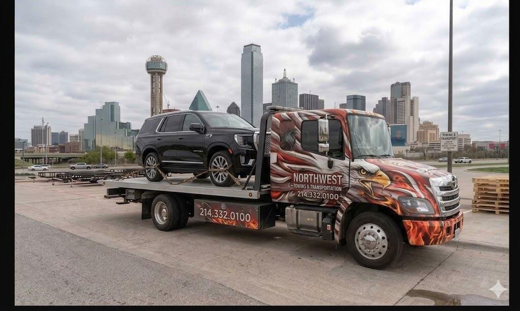 NW Towing flatbed truck with Dallas skyline — Northwest Towing & Transportation DFW